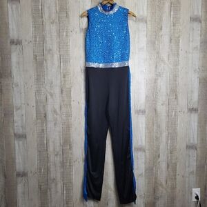 Weissman Dance Jazz Costume. One Piece. Large Adult. Sequins. Blue, Silver Black
